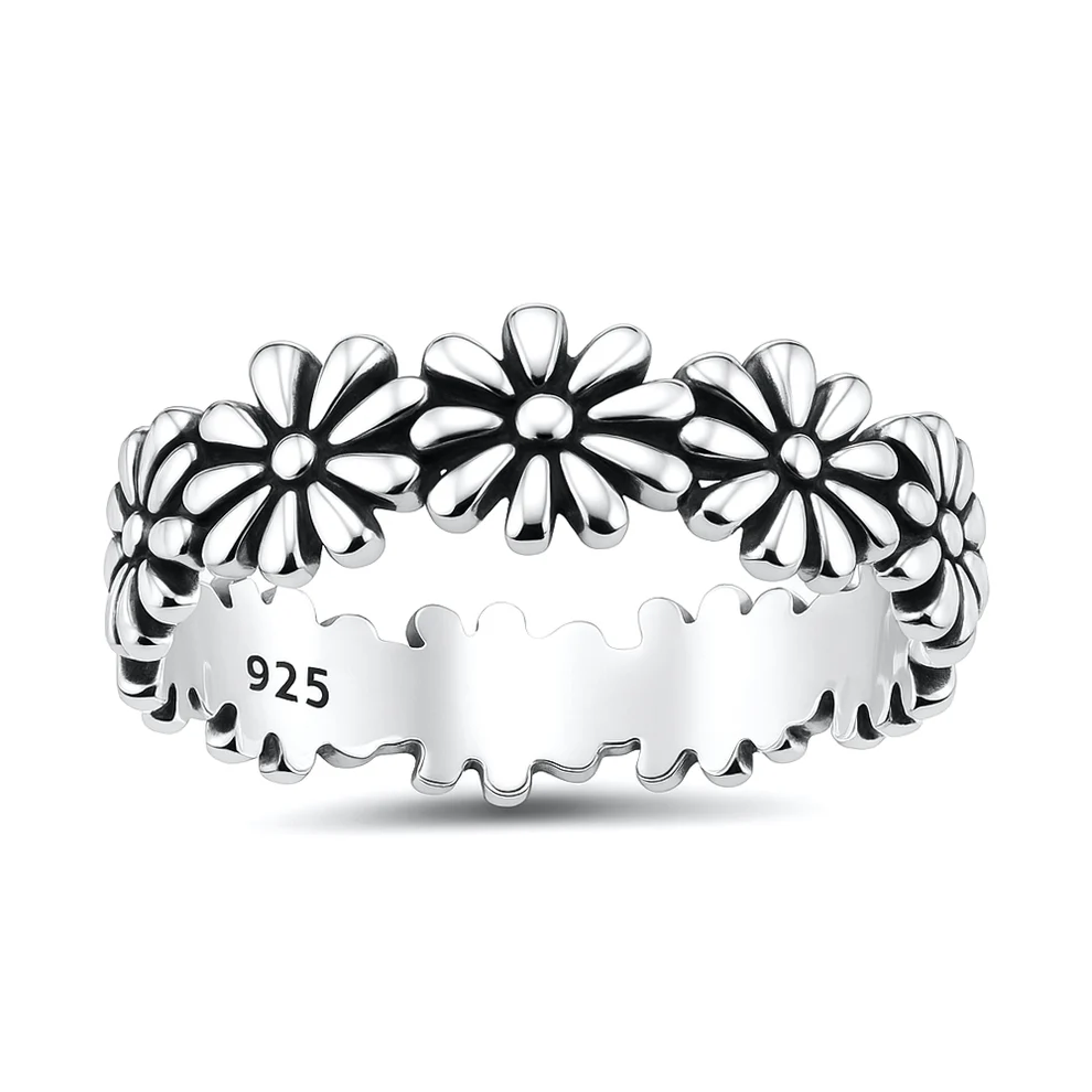Sterling Silver Oxidized And Polished 5.7mm Daisy Flower Band Ring