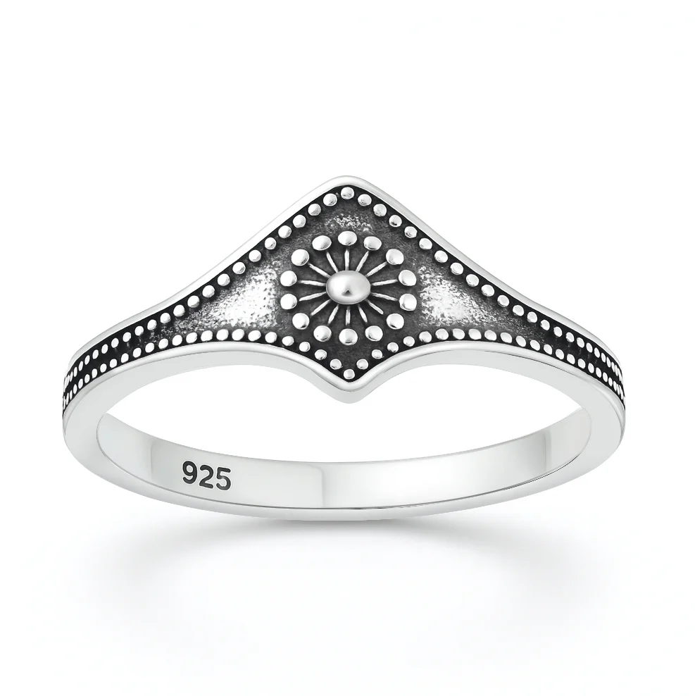 Sterling Silver Oxidized And Polished Sunburst Ring
