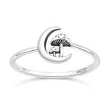 Sterling Silver Oxidized And Polished Moon And Mushrooms Ring