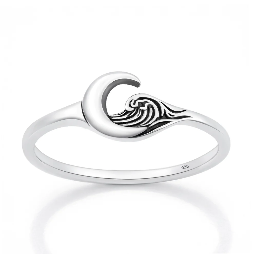 Sterling Silver Oxidized And Polished Moon And Waves Ring