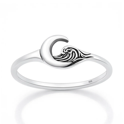 Sterling Silver Oxidized And Polished Moon And Waves Ring