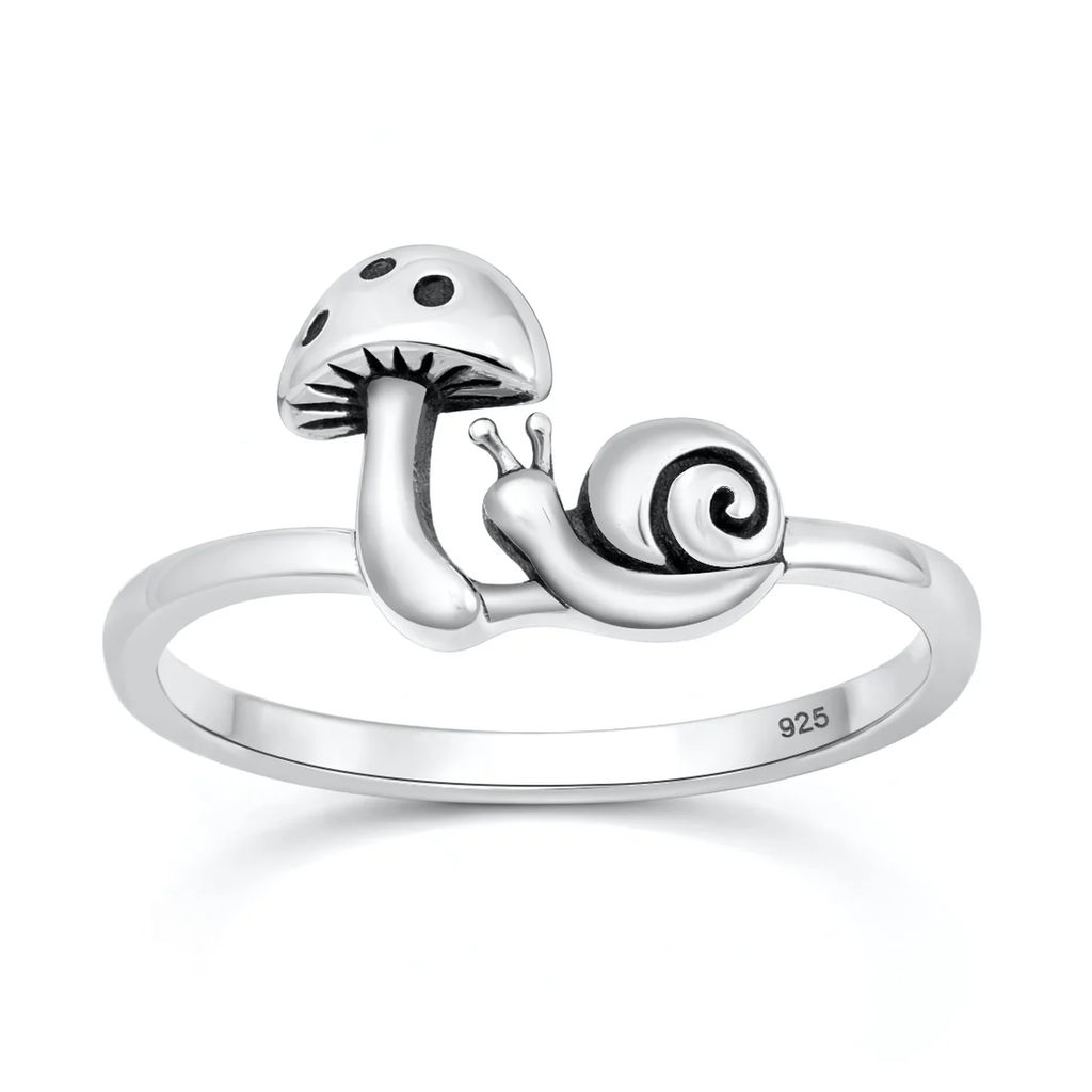 Sterling Silver Oxidized And Polished Mushroom And Snail Ring