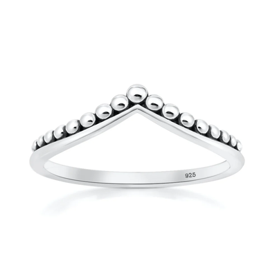 Sterling Silver Oxidized And Polished Beaded V Shape Ring
