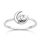 Sterling Silver Oxidized And Polished Cat On Moon Ring