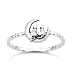 Sterling Silver Oxidized And Polished Cat On Moon Ring