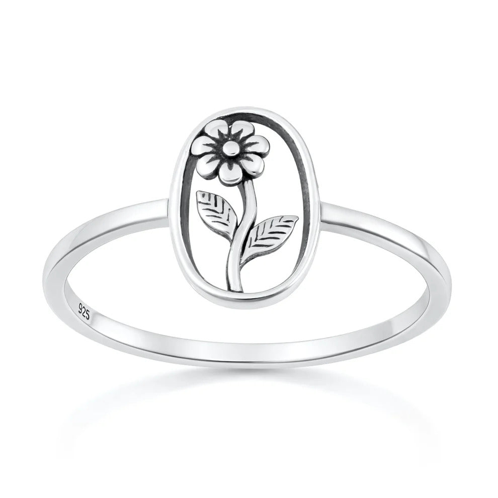 Sterling Silver Oxidized And Polished Flower Ring