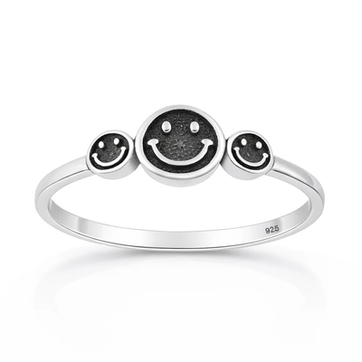 Sterling Silver Oxidized And Polished Happy Faces Ring