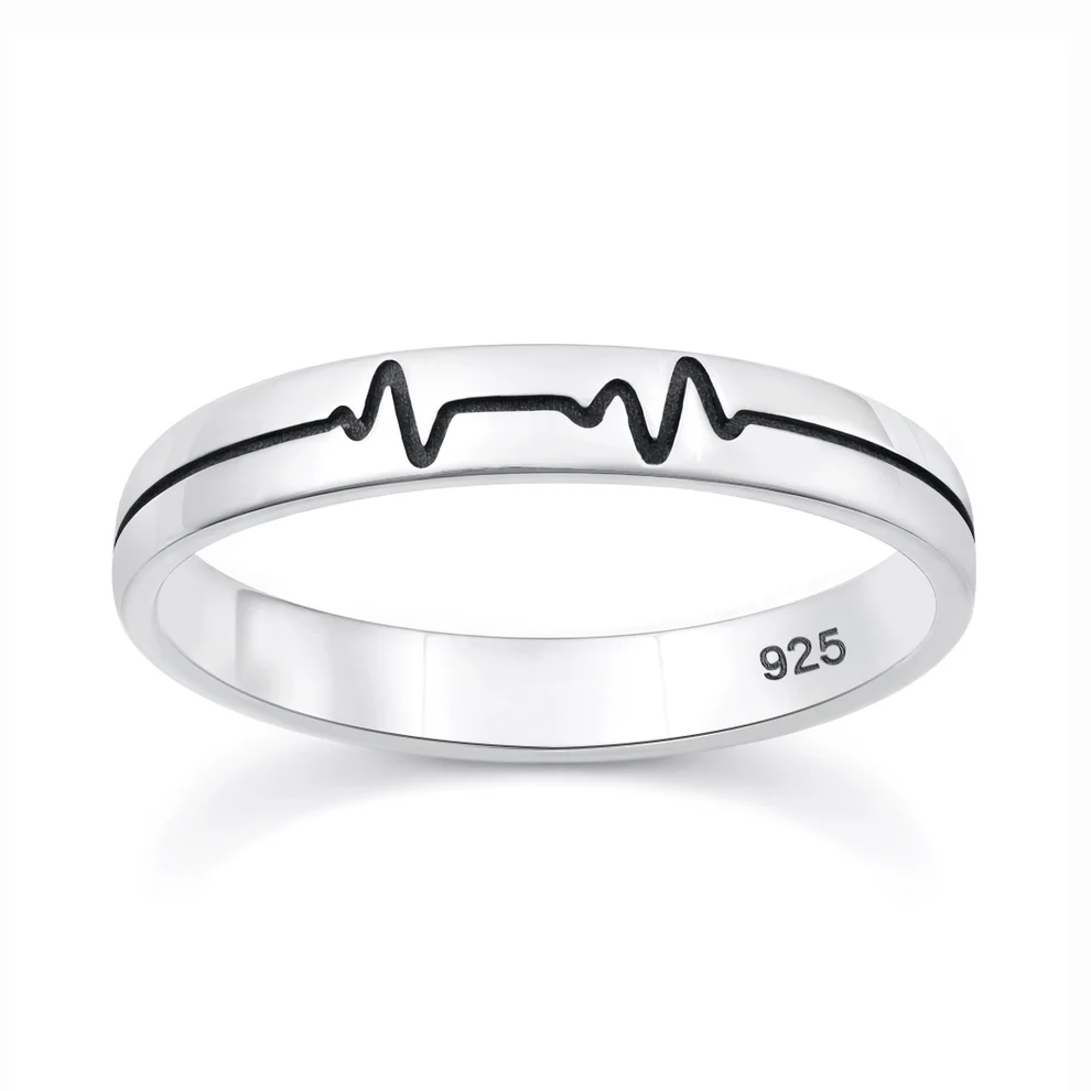 Sterling Silver Oxidized And Polished Heartbeat EKG Band Ring