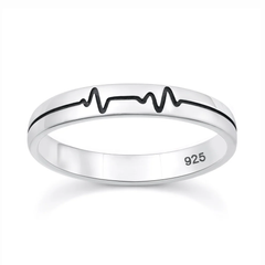 Sterling Silver Oxidized And Polished Heartbeat EKG Band Ring