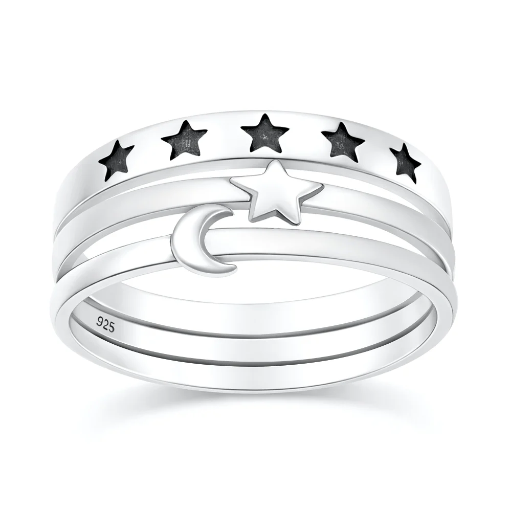 Sterling Silver Oxidized And Polished Moon And Stars Stacking Set Ring