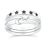 Sterling Silver Oxidized And Polished Moon And Stars Stacking Set Ring