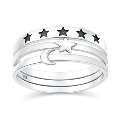 Sterling Silver Oxidized And Polished Moon And Stars Stacking Set Ring