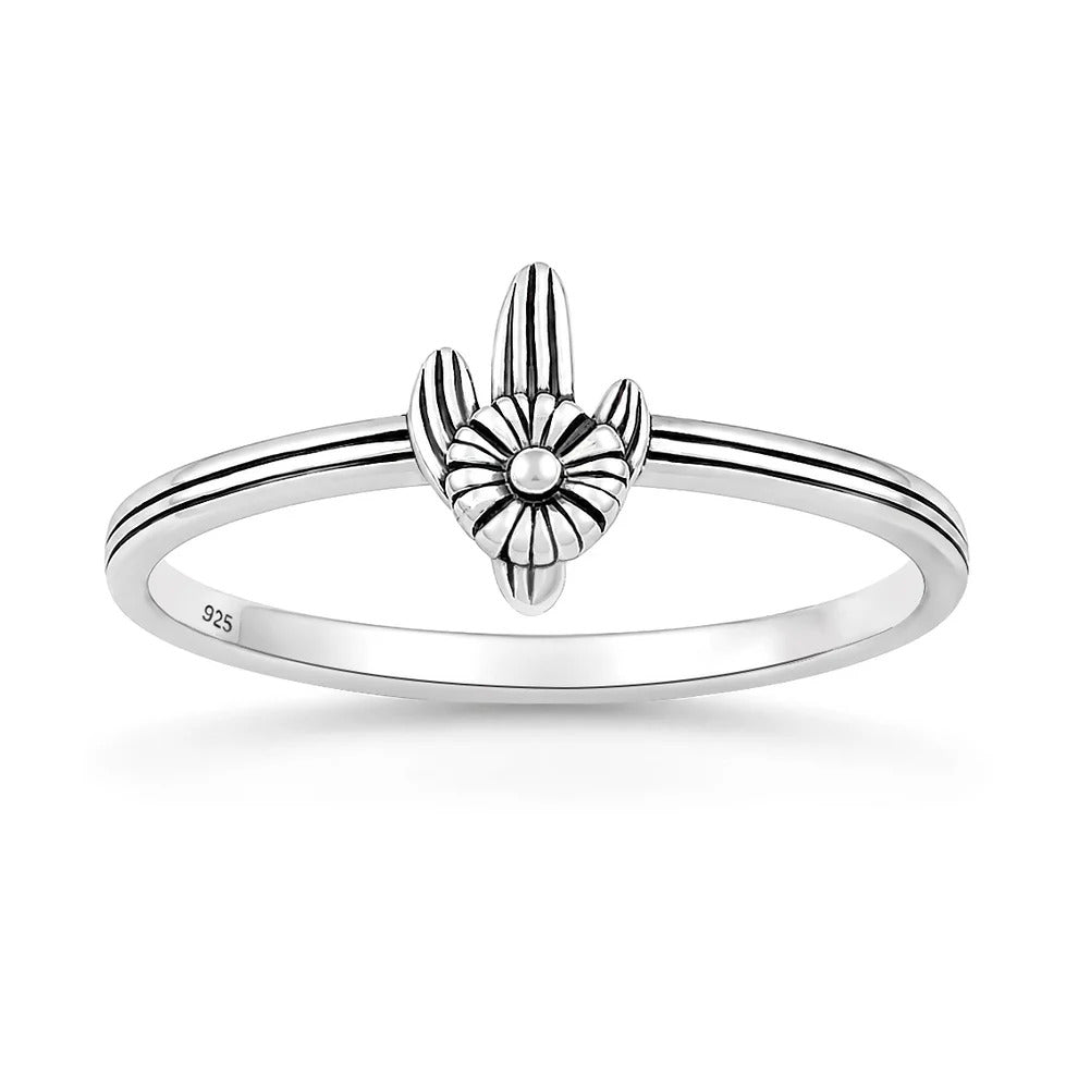 Sterling Silver Oxidized And Polished Cactus And Flower Ring