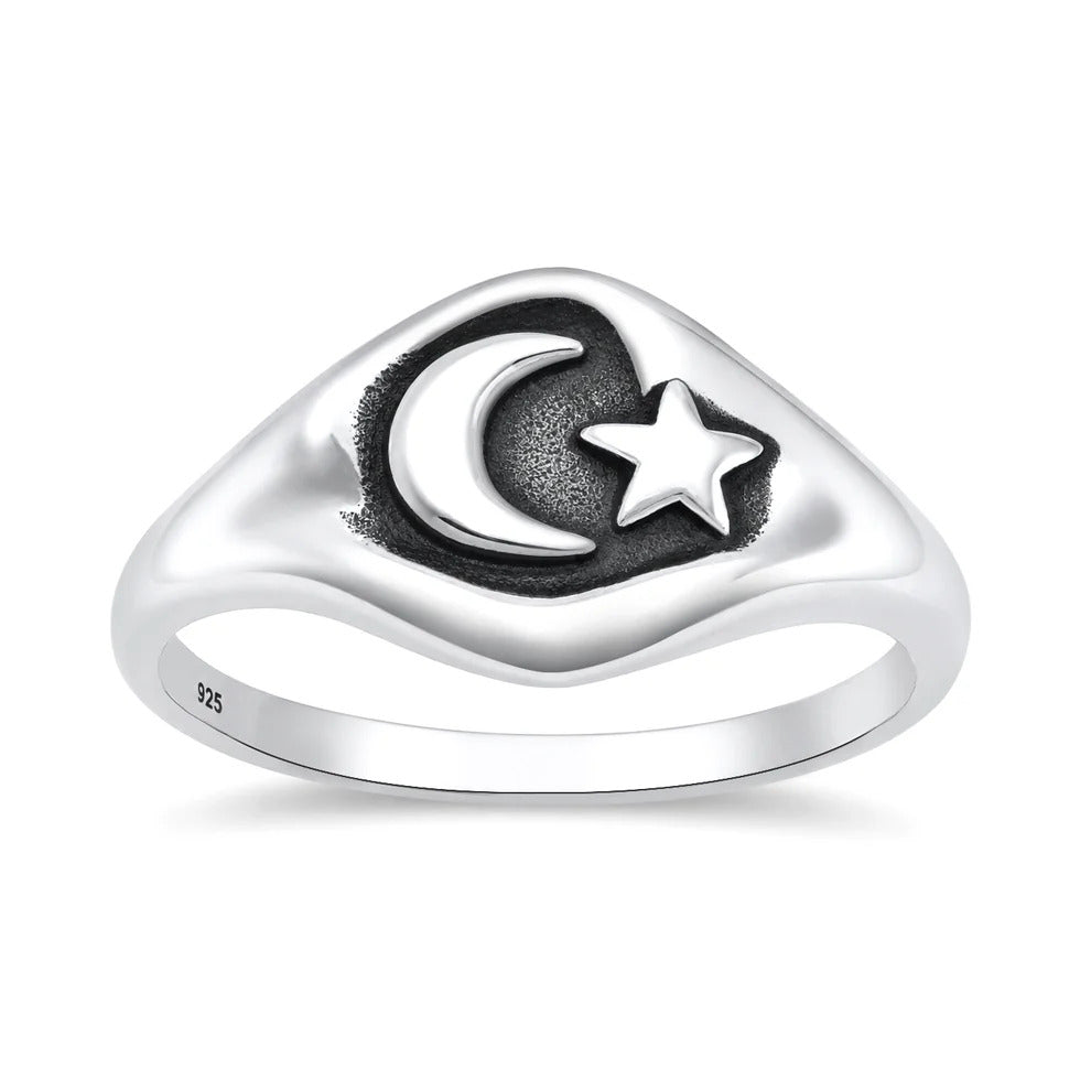 Sterling Silver Oxidized And Polished Moon And Star Ring