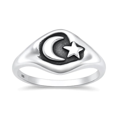Sterling Silver Oxidized And Polished Moon And Star Ring