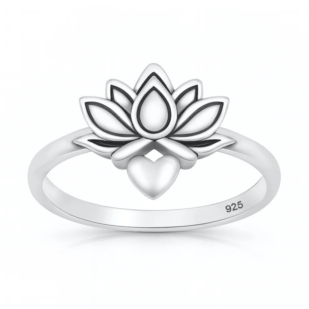 Sterling Silver Oxidized And Polished Lotus And Heart Ring