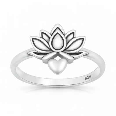 Sterling Silver Oxidized And Polished Lotus And Heart Ring