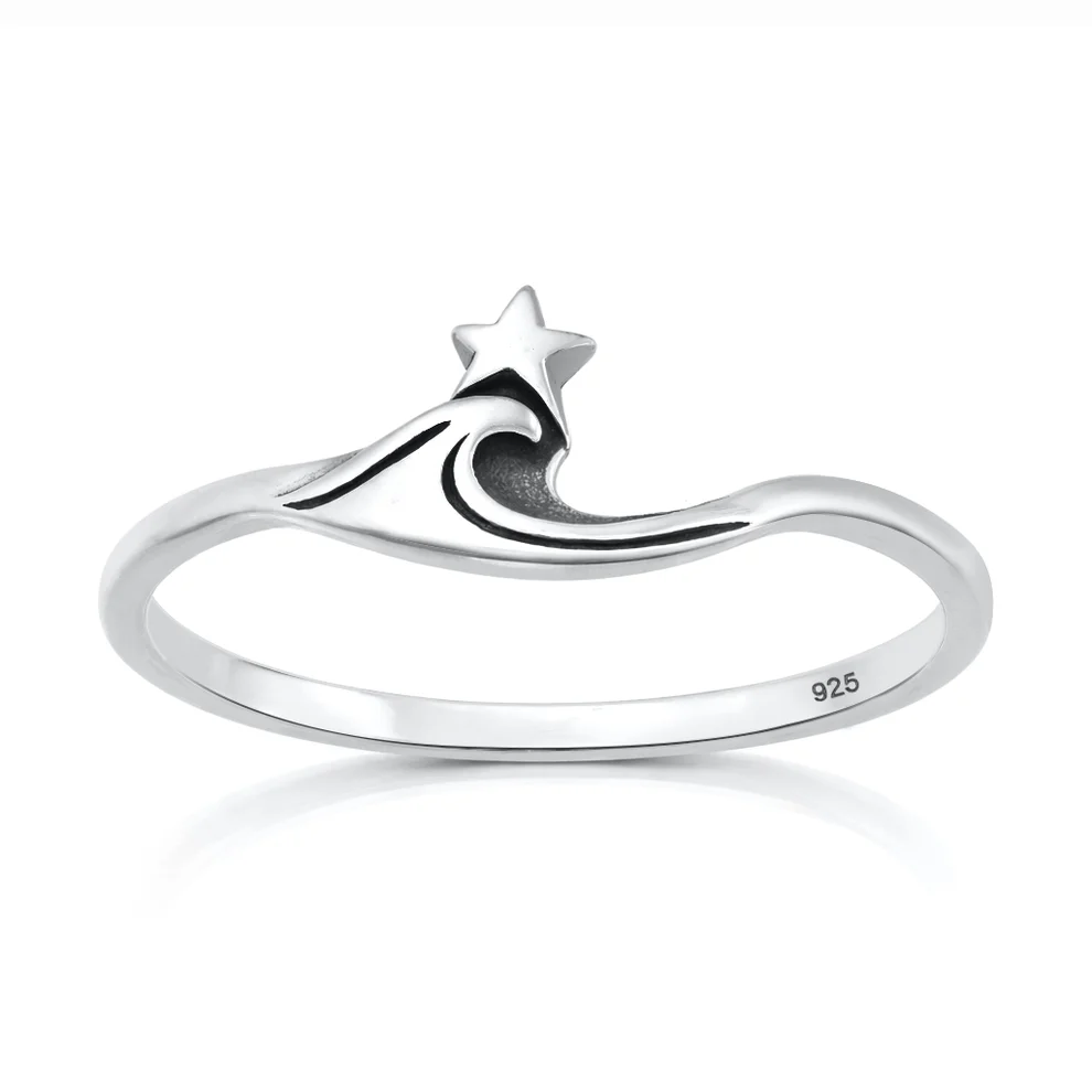 Sterling Silver Oxidized And Polished Wave And Star Ring