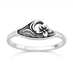 Sterling Silver Oxidized And Polished Flower And Ocean Ring