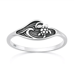 Sterling Silver Oxidized And Polished 7.5mm Turtle And Ocean Ring