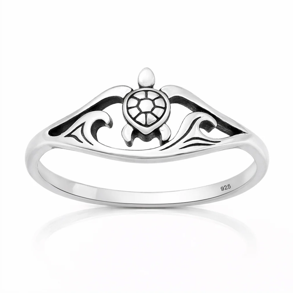 Sterling Silver Oxidized And Polished Turtle And Ocean Ring