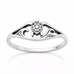 Sterling Silver Oxidized And Polished Turtle And Ocean Ring