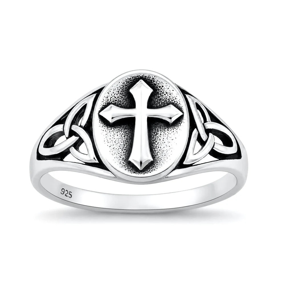 Sterling Silver Oxidized And Polished Celtic Knot And Cross Ring