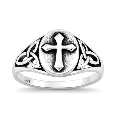Sterling Silver Oxidized And Polished Celtic Knot And Cross Ring