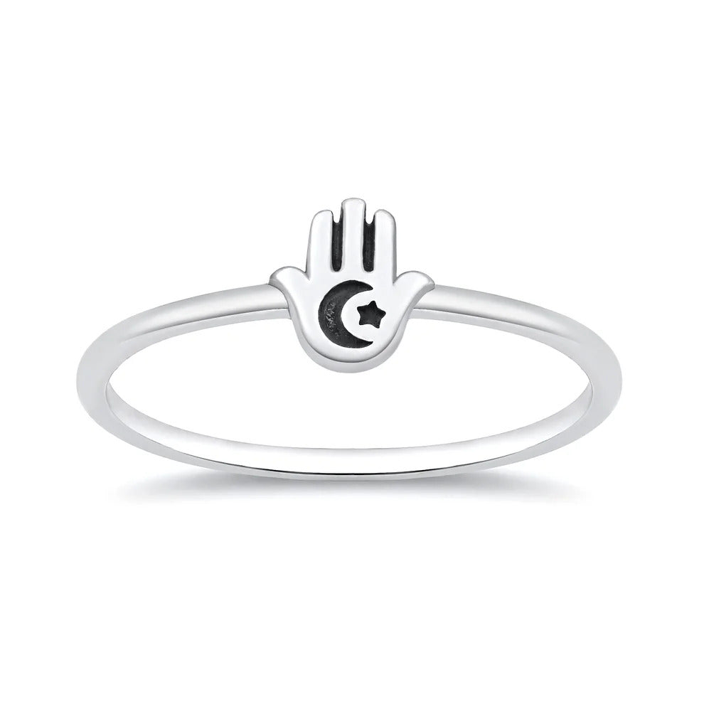 Sterling Silver Oxidized And Polished Hamsa Moon Star Ring