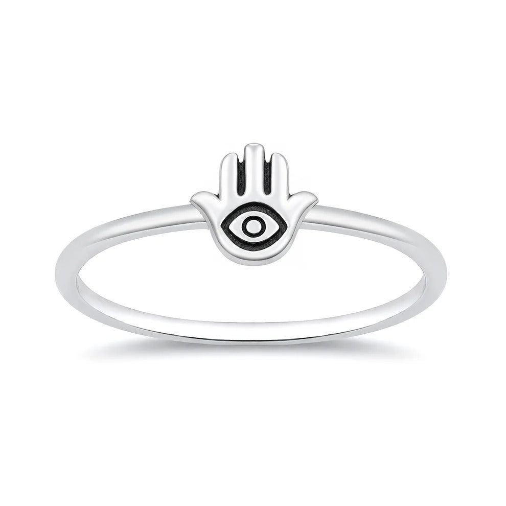 Sterling Silver Oxidized And Polished Hamsa And Evil Eye Ring