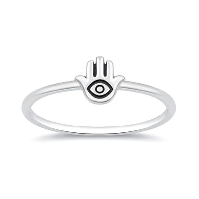 Sterling Silver Oxidized And Polished Hamsa And Evil Eye Ring