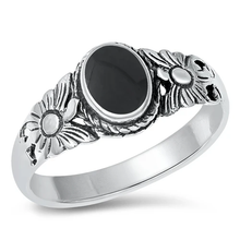 Load image into Gallery viewer, Sterling Silver Rhodium Plated Sunflower Band Black Agate Ring