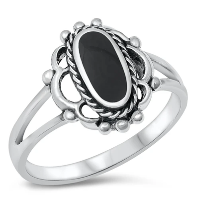 Sterling Silver Flower Black Agate Stone Ring