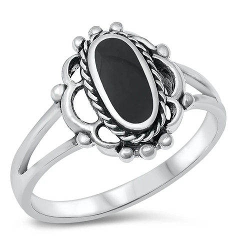Sterling Silver Flower Black Agate Stone Ring