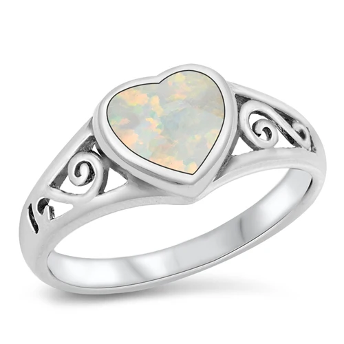 Sterling Silver Heart White Lab Opal Ring