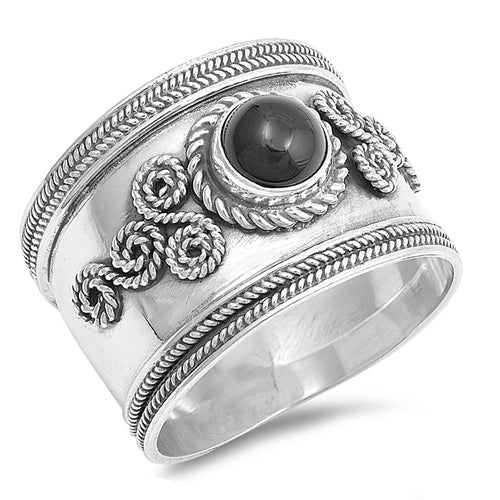 Sterling Silver 15mm Black Agate Bali Style Ring