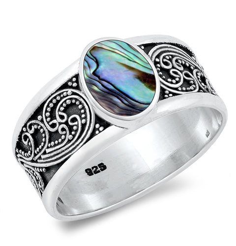 Sterling Silver Oxidized And Polished Abalone Shell Bali Style Ring