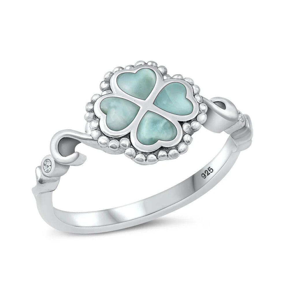 Sterling Silver Rhodium Plated Four Leaf Clover Larimar And Clear CZ Ring