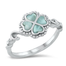 Load image into Gallery viewer, Sterling Silver Oxidized Four Leaf Flower Genuine Larimar Ring-10mm