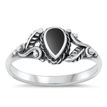 Load image into Gallery viewer, Sterling Silver Drop Black Agate Stone Ring