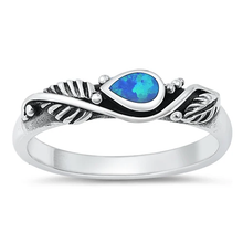 Load image into Gallery viewer, Sterling Silver Rhodium Plated Blue Lab Opal Pear And Leaf Ring