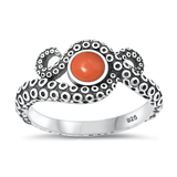 Sterling Silver Oxidized Tentacles Red Coral Stone Ring