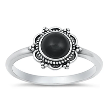 Load image into Gallery viewer, Sterling Silver Round Flower Black Agate Stone Ring