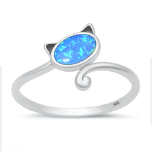 Load image into Gallery viewer, Sterling Silver Oxidized And High Polish Cat Blue Lab Opal Ring