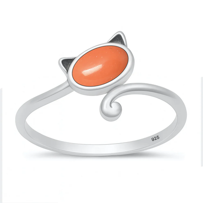 Sterling Silver Oxidized Cat Red Coral Stone Ring