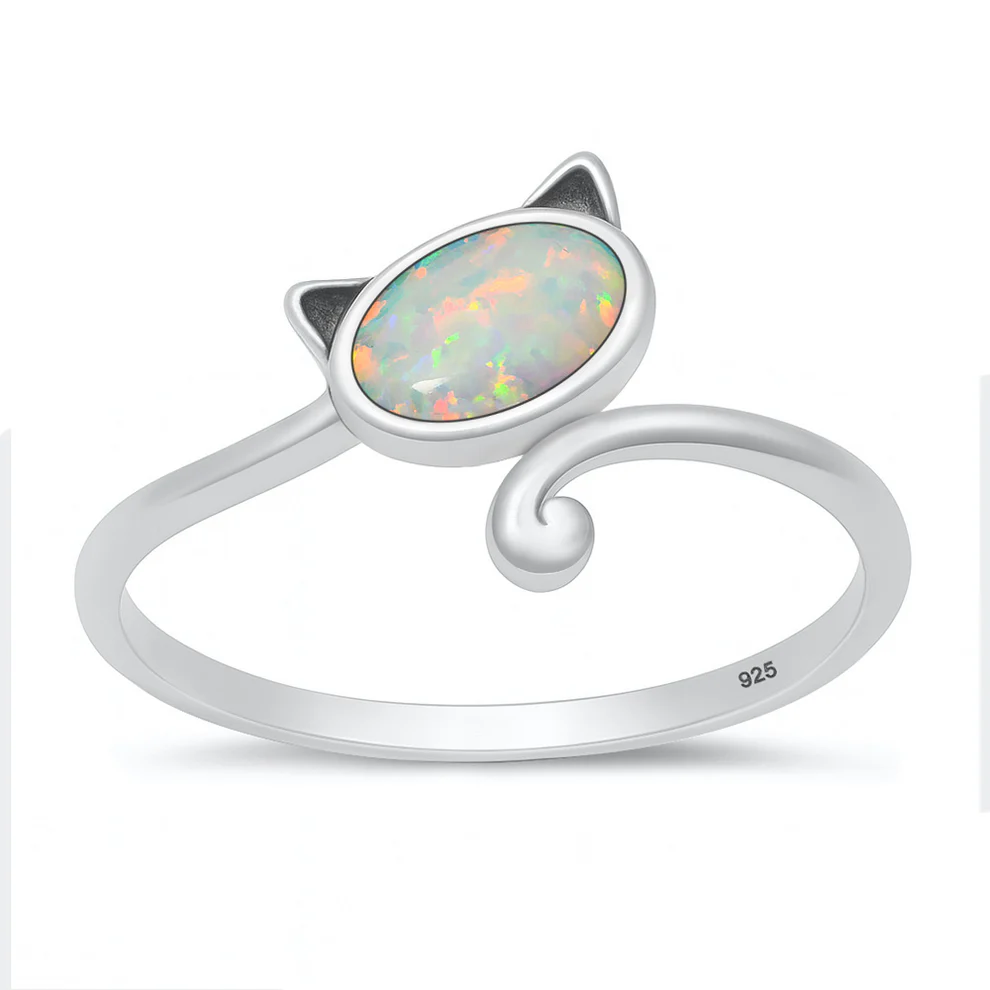 Sterling Silver Oxidized Cat White Lab Opal Ring