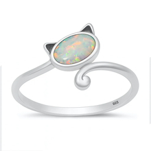 Load image into Gallery viewer, Sterling Silver Oxidized Cat White Lab Opal Ring