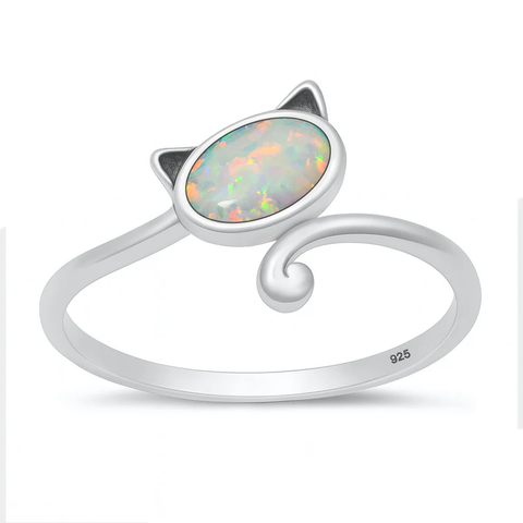 Sterling Silver Oxidized Cat White Lab Opal Ring