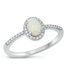 Load image into Gallery viewer, Sterling Silver Rhodium Plated Oval White Lab Opal And Clear CZ Ring