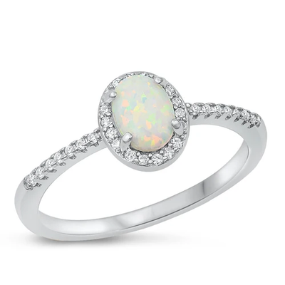 Sterling Silver Rhodium Plated Oval White Lab Opal And Clear CZ Ring